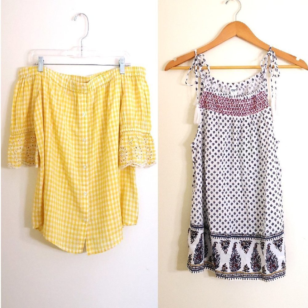 Lot of 2 New Old‎ Navy Cotton Gingham Off The Shoulder/Boho Shoulder Tie Tops